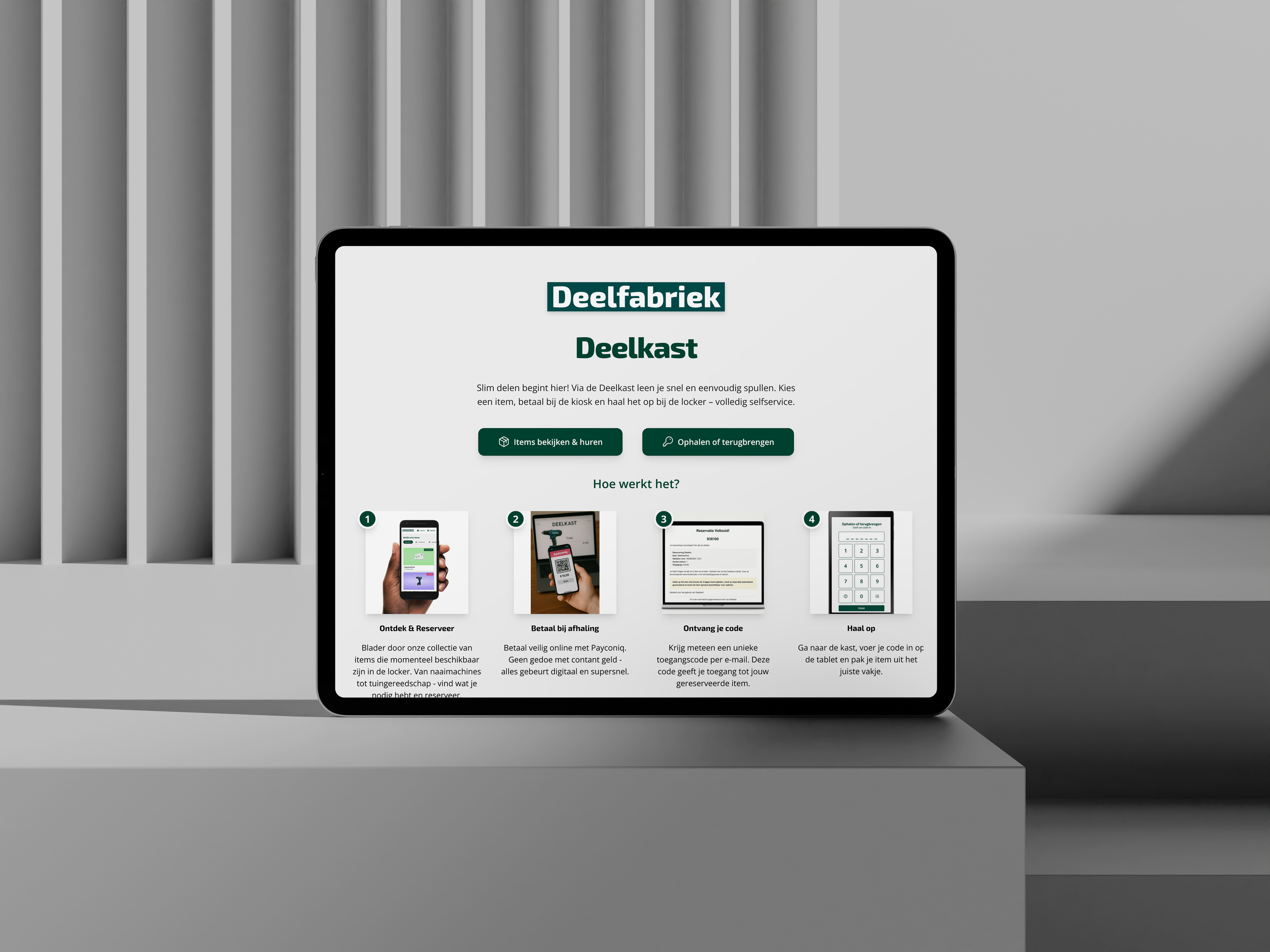 Deelfabriek website mockup showing interface on a tablet device